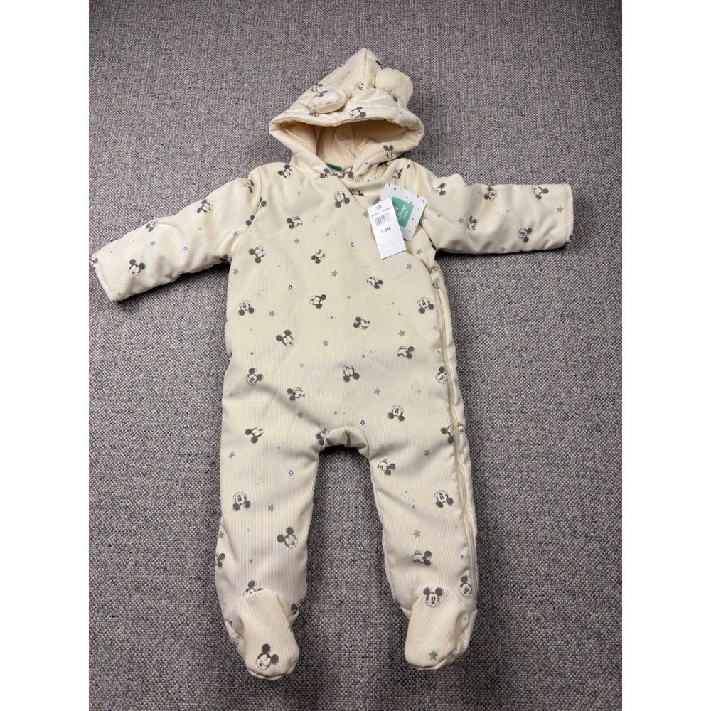 Disney Baby Mickey Mouse Hooded Pram Suit Snowsuit Bunting Cream Corduroy 6-9M